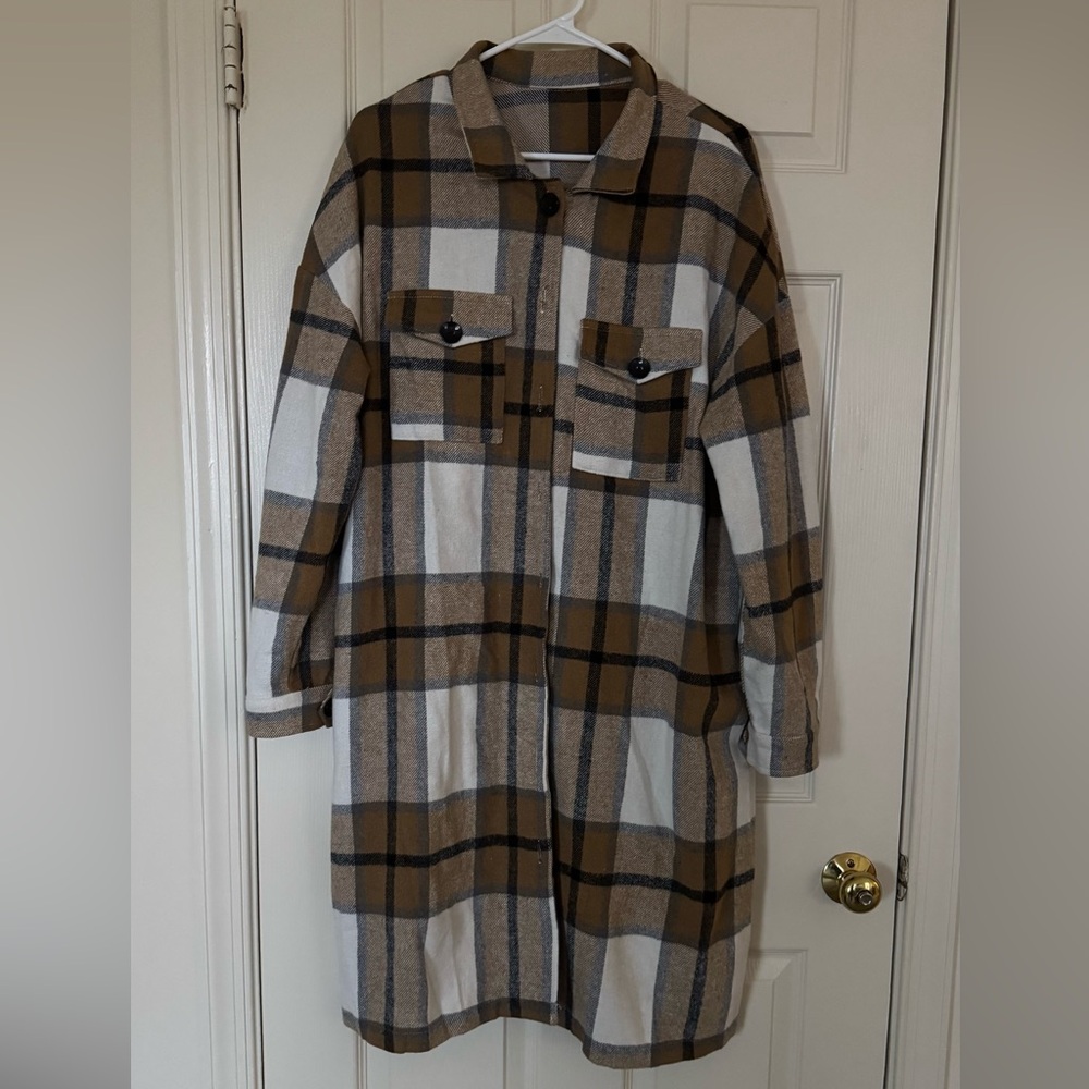 Long Plaid Shacket with Chest Pockets - Tan, White, Black